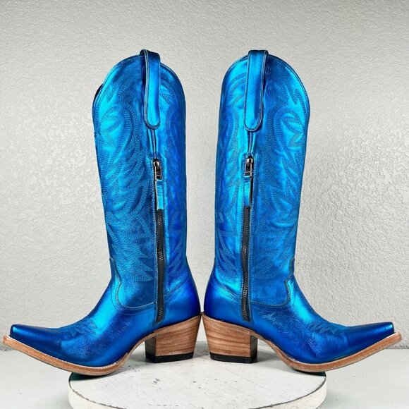 NEW Lane SMOKESHOW Womens Blue Cowboy Boots 7 Leather Western Snip Toe 15" Tall - Picture 7 of 10
